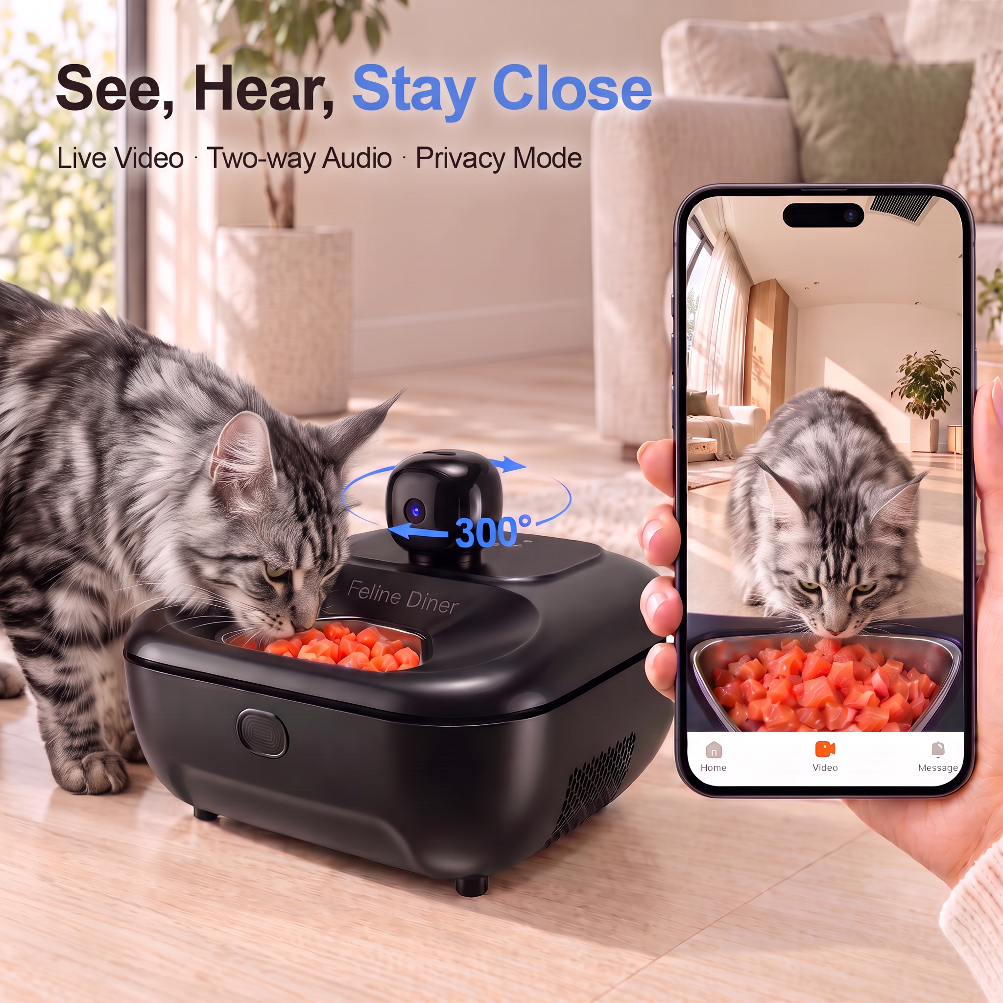 Feline Diner app showing a live camera view and meal schedule