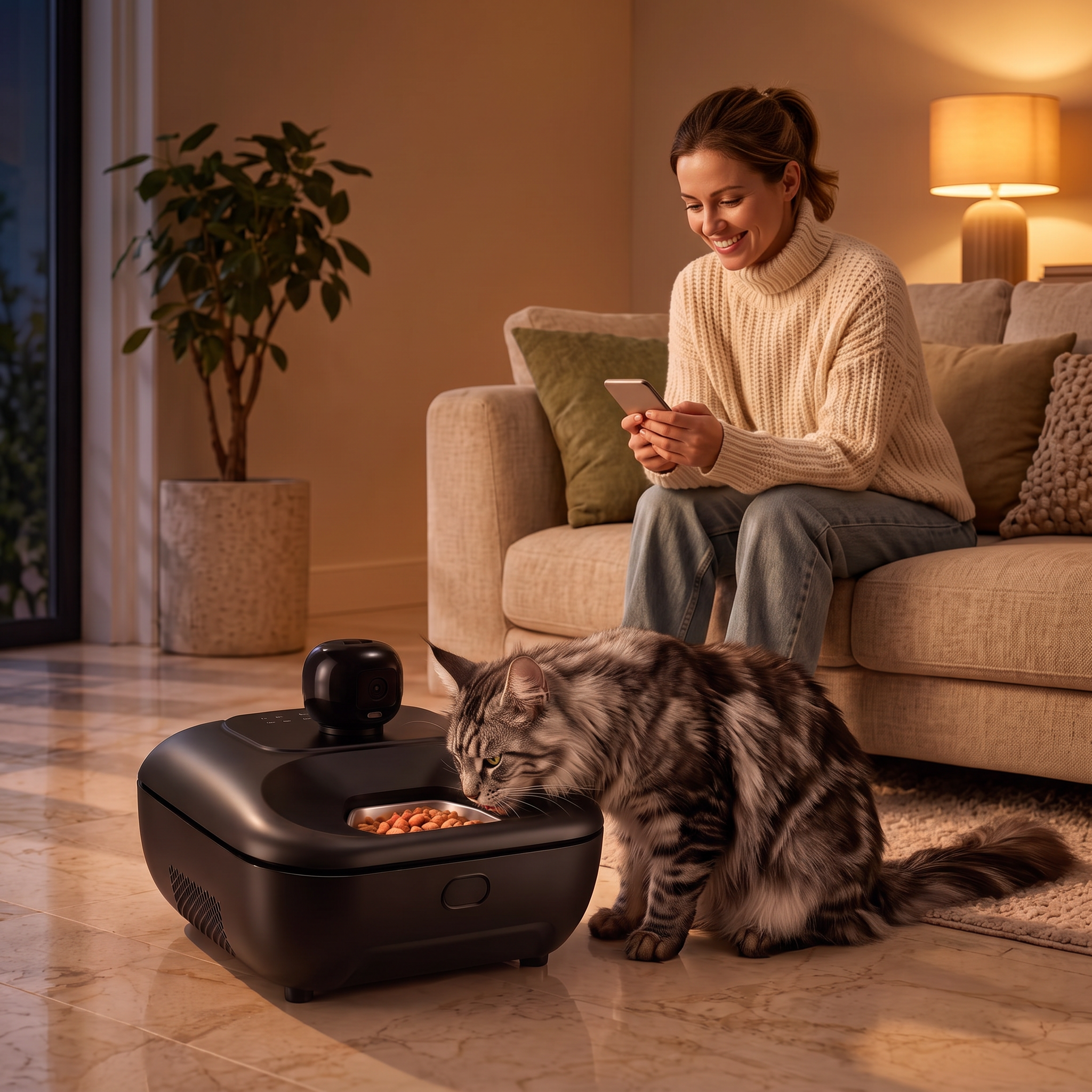 Owner checking the app while her cat eats from the Pro 5